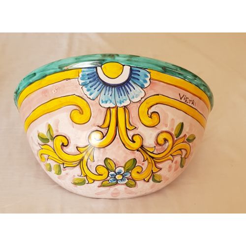 Gerla liscia porta pianta decoro barocco fondo rosa. Ceramica di Vietri dipinta a mano.