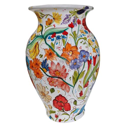 Jarrón paraguas borde liso decoración de flores de fondo blanco, en cerámica Vietri pintada a mano.