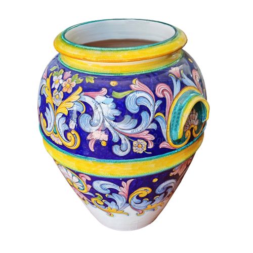 Vase porte-parapluie à bord lisse, fond bleu et décor baroque, en céramique de Vietri peinte à la main.