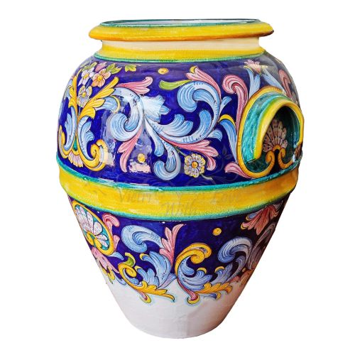 Schirmständervase mit glattem Rand, blauem Boden und Barockdekor, aus handbemalter Vietri-Keramik.