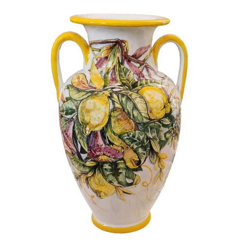 Vaso portaombrelli bordo liscio fondo Bianco Linea limoni, in Ceramica di Vietri dipinta a mano.