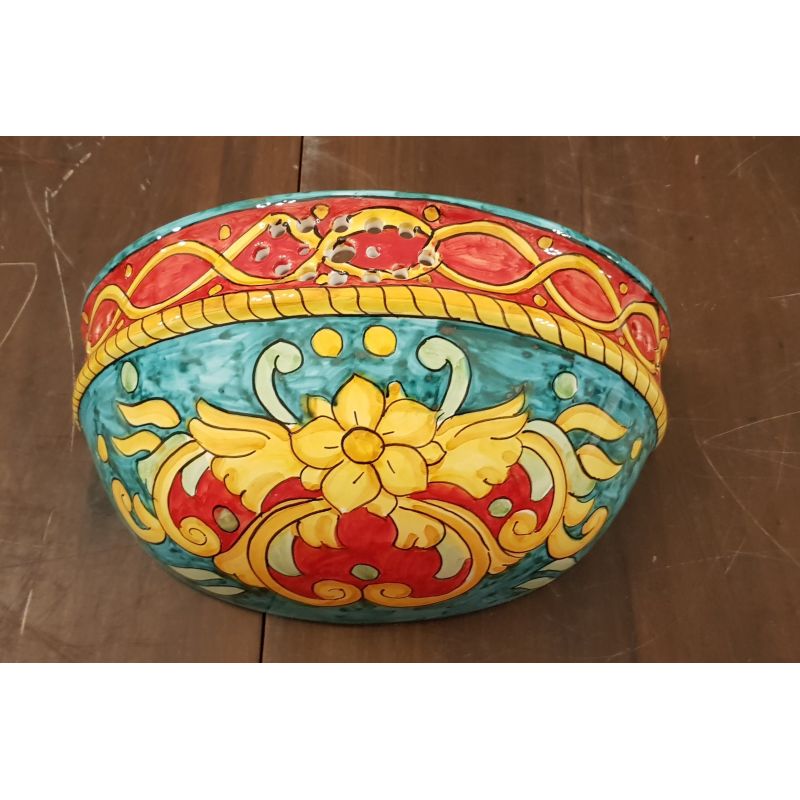 Plant basket wall mount Baroque Line Copper green background. handpainted Vietri ceramic