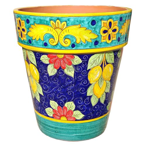 Vaso conico fondo Blu, soggetto limone. Ceramica di Vietri dipinto a mano.