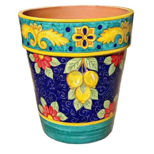 Conical pot for plants Blue background, lemons. handpainted Vietri ceramic