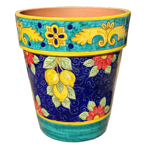 Vaso conico fondo Blu, soggetto limone. Ceramica di Vietri dipinto a mano.