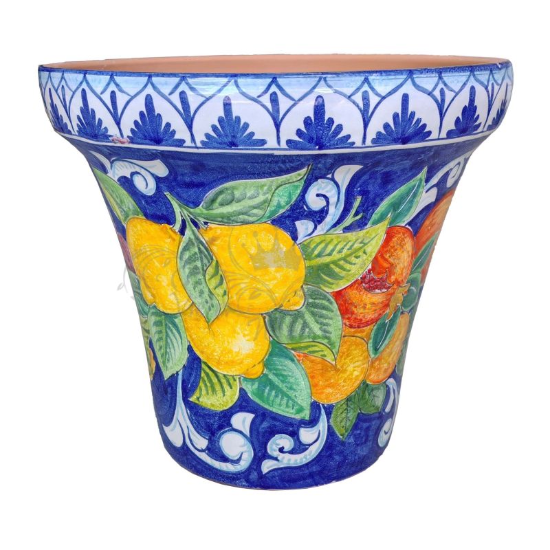 Conical pot for plants BLue background lemons....