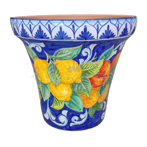 Vase conique à fond Bleu Citrons. Céramique Vietri peinte à la main.