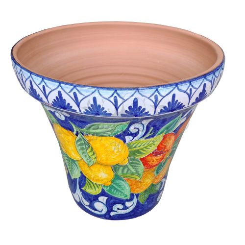 Konische Vase mit blauem Zitronen. Handbemalte Vietri-Keramik.