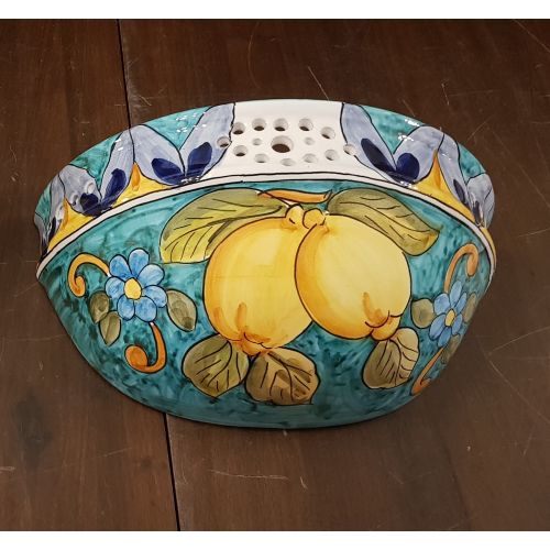 Plant basket wall mount Lemons Line Copper green background. handpainted Vietri ceramic
