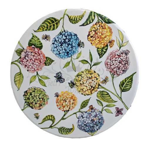 Mesa de piedra volcánica ceramizada. Hortensias pintada a mano. Cerámica de Vietri.