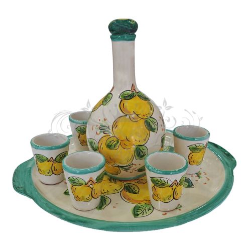 Limoncello-Set. Flasche, Tablett und 6 Gläser. Zitronen-Linie. Handbemalte Vietri-Keramik.