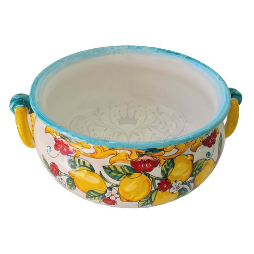 Cachepot Plant Holder Lemons and flowers line. Hand-painted Vietri ceramic.