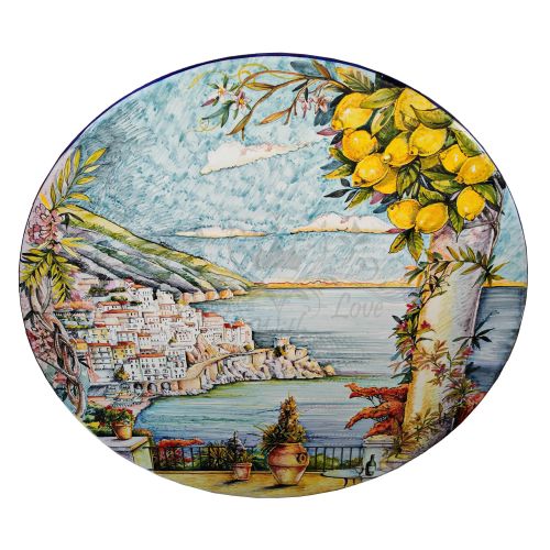 Keramisierter Lavasteintisch. Handbemalte Positano-Ansicht. Vietri-Keramik.