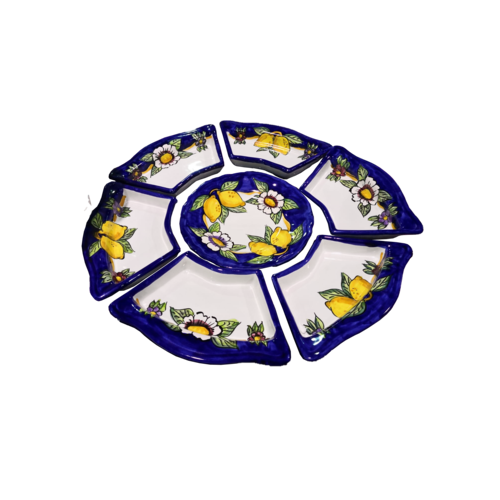Appetizer set. Cold Dinner. 7 pieces. Lemons line, blue rim. Hand-painted Vietri ceramics.