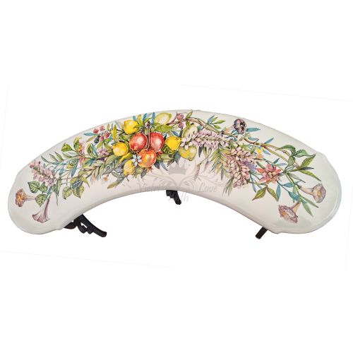 Panchina in pietra lavica ceramizzata. Linea frutta e fiori. Ceramica vietrese dipinta a mano.