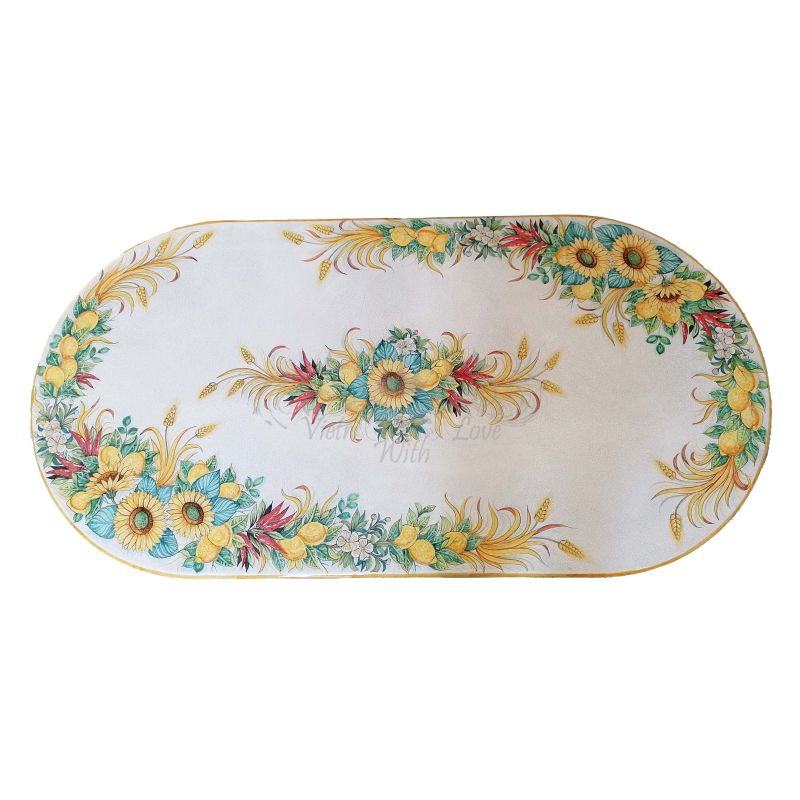 Tisch aus glasierter Lavastein. Sonnenblumen....