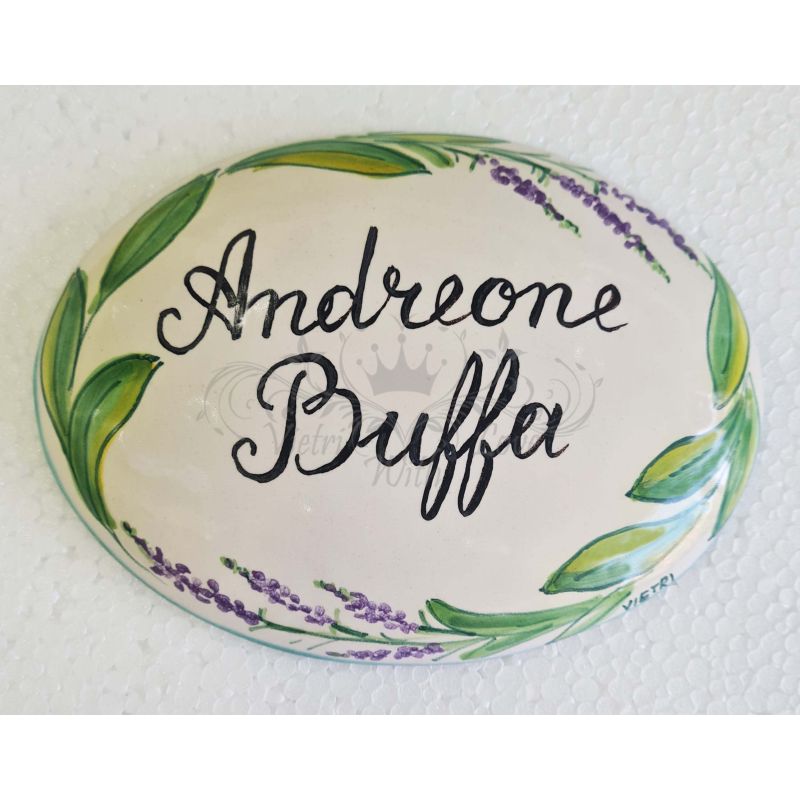 Oval Door plate customizable white background. handpainted Vietri ceramic
