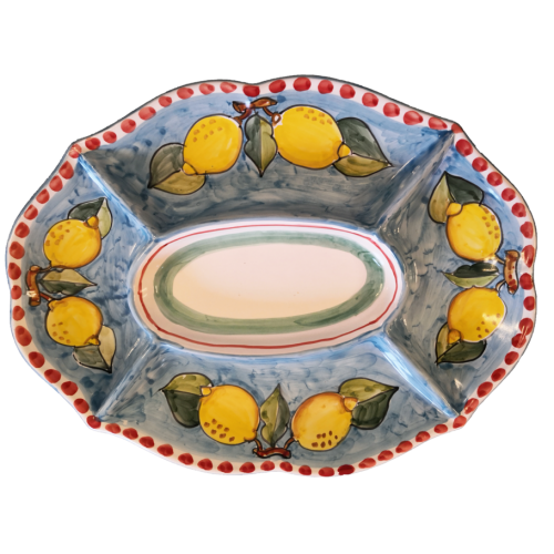 Antipastiera. Cena Fredda. 5 scomparti. Linea limoni Blu e giallo. Ceramica di Vietri. dipinta a mano