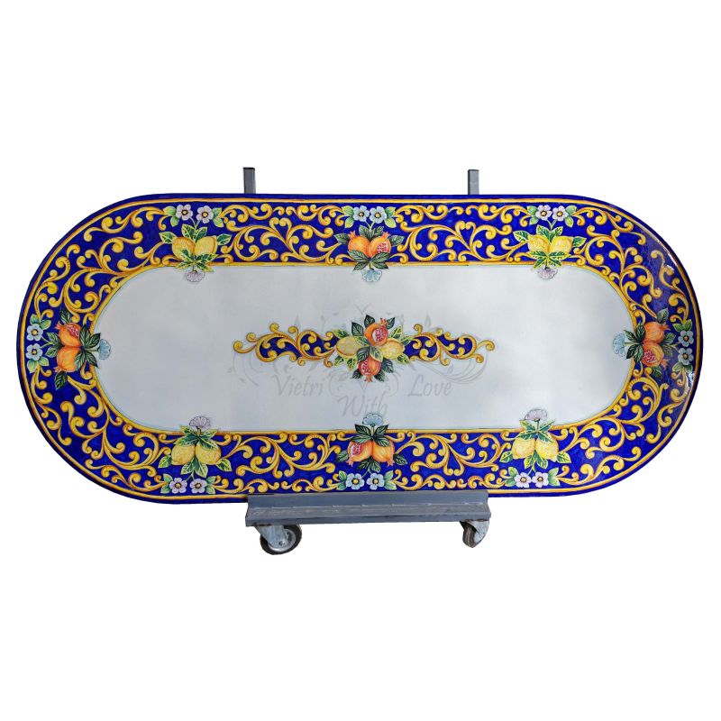 Ceramicized lava stone table. Hand-painted fruit and baroque. Vietri ceramics.