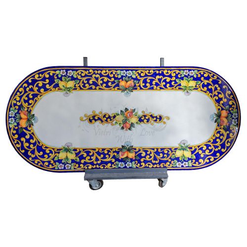 Mesa de piedra volcánica ceramizada. Frutas y Barroco. Pintada a mano. Cerámica de Vietri.