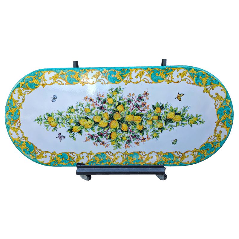 Ceramicized lava stone table. Hand-painted Baroque and lemon design. Vietri ceramic.