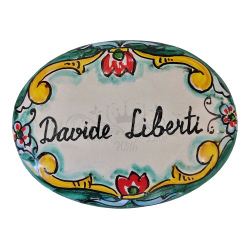 Customizable oval plaque. Baroque line. Vietri ceramic. Hand-painted.