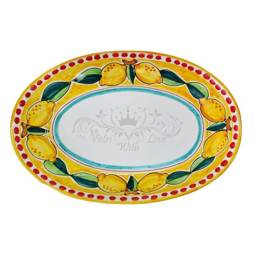 Ovaler Servierteller oder Schale. Zitronen-Rundlinie. Vietri-Keramik. Handbemalt.