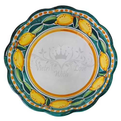 Salatschüssel mit Wellenschliff, Lemon Line. Handbemalte Vietri-Keramik.
