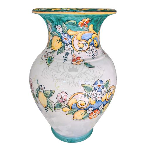Regenschirmvase. Blumen und Zitronen Linie aus handbemalter Vietri-Keramik.