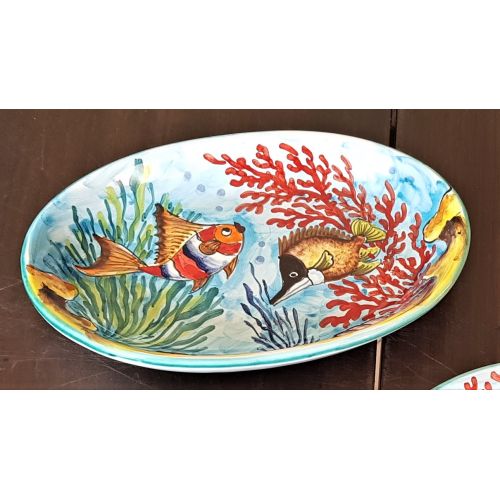 Oval bowl tray. Serving plate. Fish line. Vietri ceramic. Hand-painted.