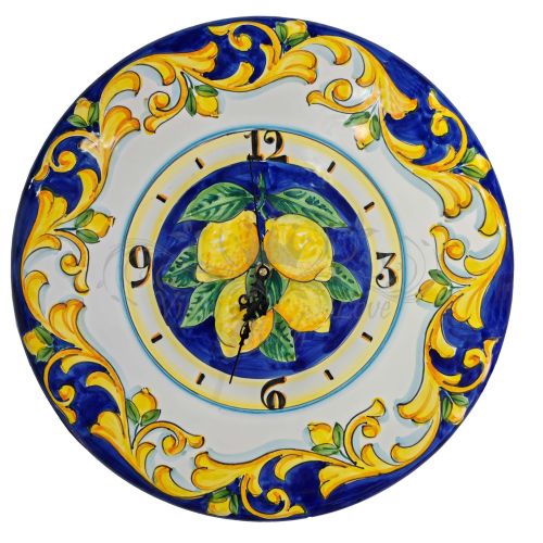 Reloj de pared. Diseño Barroco y Limones. Cerámica de Vietri. Pintado a mano.
