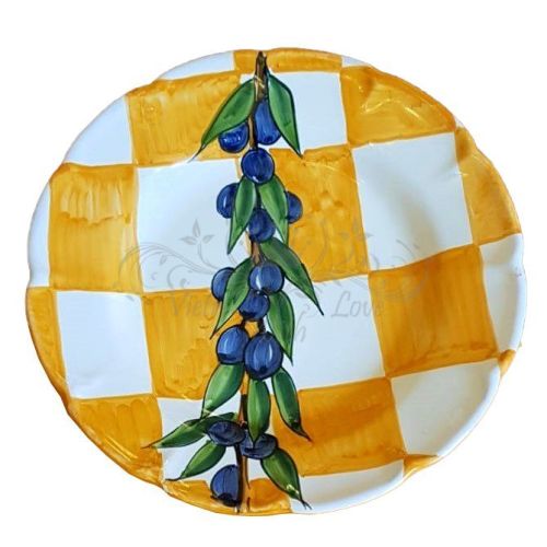 Teller. Kollektion Streifen. Karos mit Oliven-Dekor. Vietri-Keramik. Erhältlich als flacher, tiefer, Dessert- oder Platzteller.