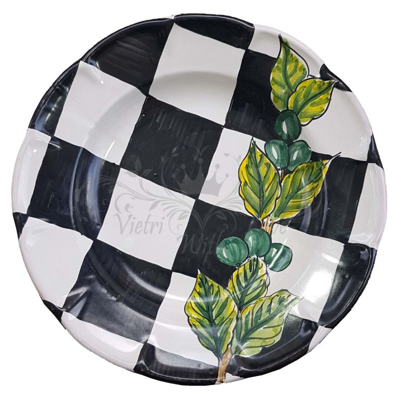 Assiette en céramique Vietri à rayures et carreaux avec un motif olive Disponible en versions soupe dîner dessert et soucoupe