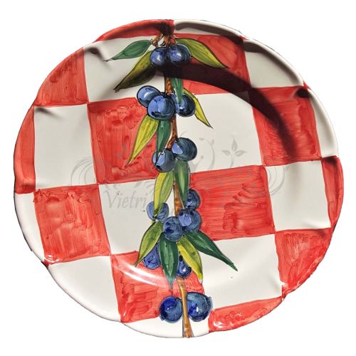 Dish, plate stripes line squared red olive. handpainted... 2