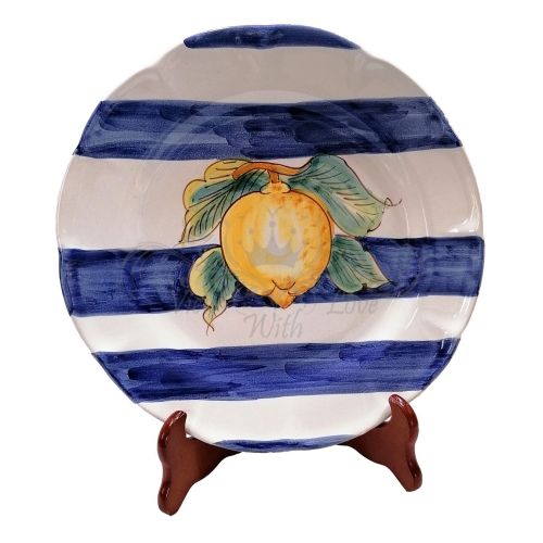 Dish, plate coloured lines line light blue lemon handpainted in Vietri ceramic dinner, fruit/dessert underplate