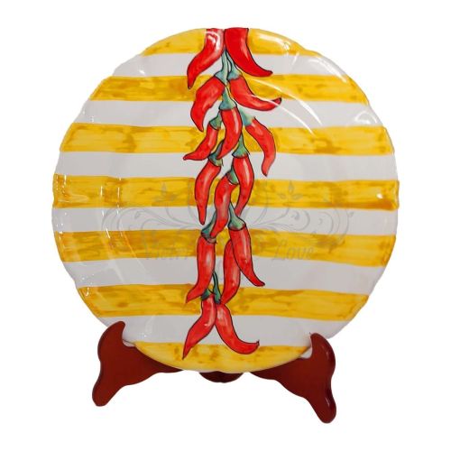 Assiette rayée avec décor piment. Céramique Vietri. Disponible en versions soupe, dîner, dessert et soucoupe.