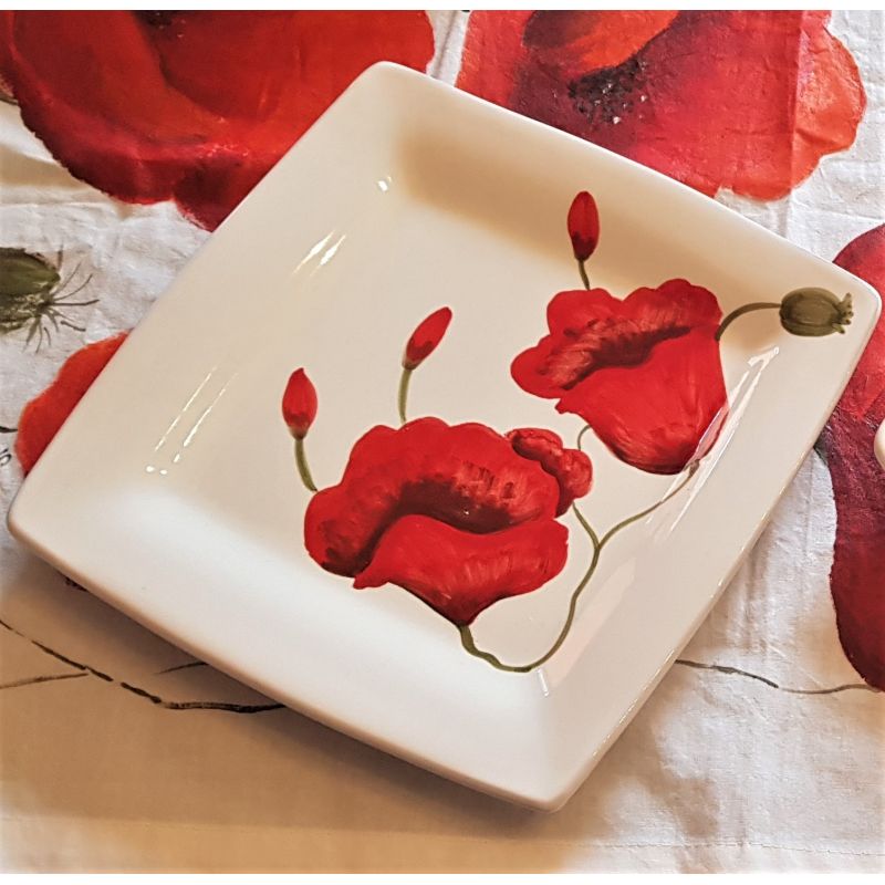 Assiette carrée Papaveri. Céramique Vietri....