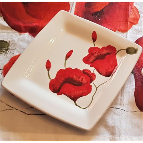 Piatto quadrato linea Papaveri. Ceramica di Vietri. Disponibile piano, fondo, frutta/dolce o sottopiatto