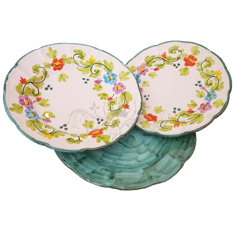 Dishes 3 pieces spring line, -handpainted Vietri ceramic Three pieces. Dinner, soup and fruit plate