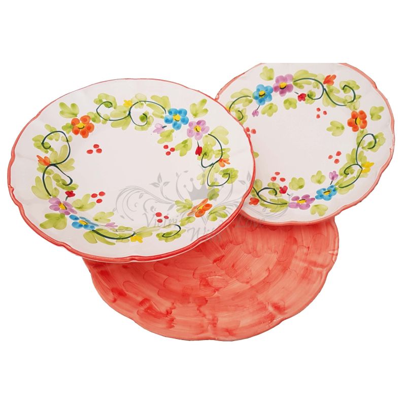 Dishes 3 pieces spring line, -handpainted Vietri ceramic Three pieces. Dinner, soup and fruit plate