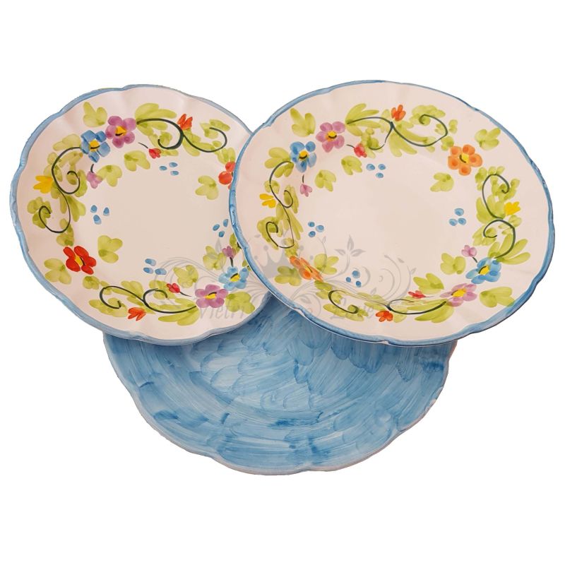 Dishes 3 pieces spring line, -handpainted Vietri ceramic Three pieces. Dinner, soup and fruit plate