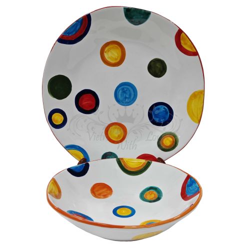 Irregular shape plate. hand-painted dots line. Vietri ceramic. Also serving plates and tableware available.