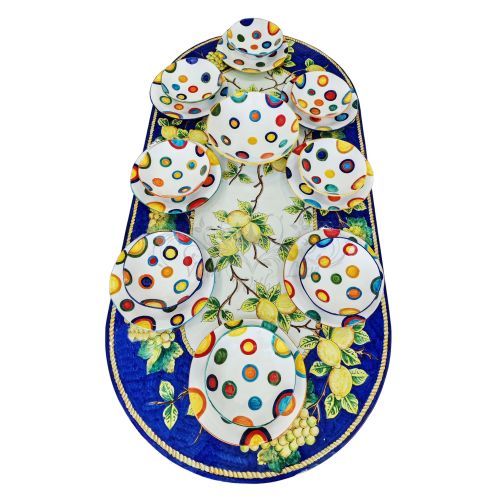 Irregular shape plate. hand-painted dots line. Vietri ceramic. Also serving plates and tableware available.