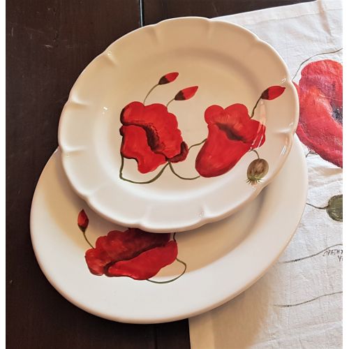 Bis di piatti linea papaveri. Ceramica di Vietri dipinta mano. Bis di piatto piano e fondo.
