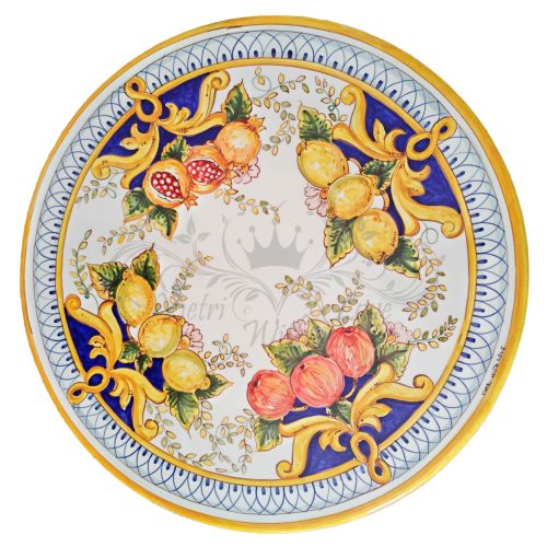 Mesa de piedra volcánica ceramizada 60cm. Frutas y Limones con Barroco. Pintada a mano. Cerámica de Vietri.