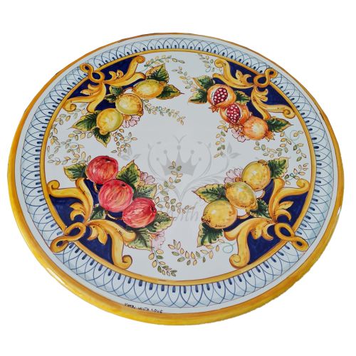 Tavolo in pietra lavica ceramizzata. Frutta e Limoni con barocco. 60Cm dipinto a mano. Ceramica di Vietri
