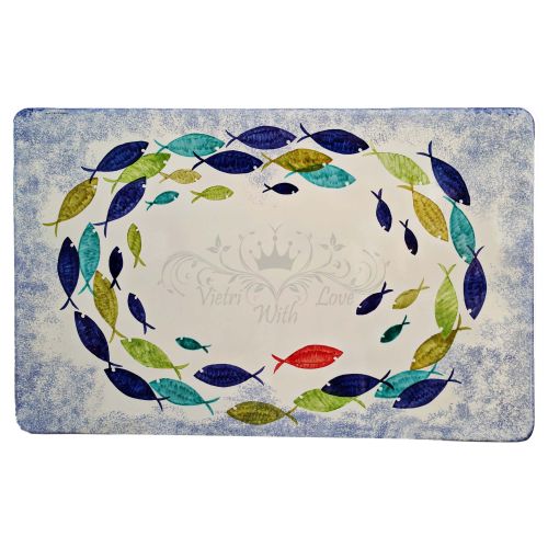 Tisch aus glasierter Lavastein. Kreisförmige Fische. Handbemalt. Vietri-Keramik.