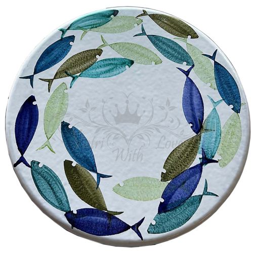 Table en pierre de lave émaillée. Poissons circulaires....