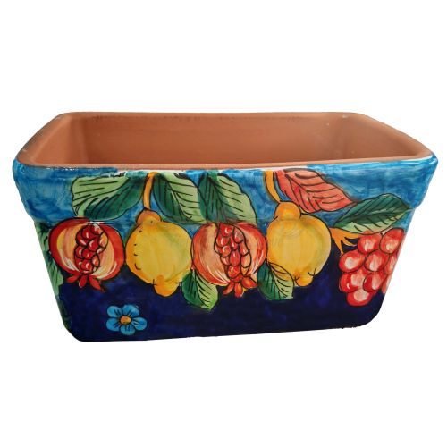 Rectangular Planter. Copper Green and Blue Base with Fruits. Vietri ceramic. Hand-painted.
