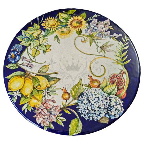 Mesa de piedra volcánica ceramizada. Geranios y Frutas. Pintada a mano. Cerámica de Vietri.